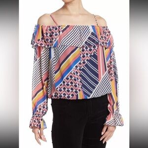 Ramy Brook Mona geometric mixed cold shoulder with sheer sleeves elastic ends M